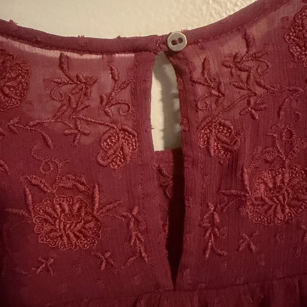 Abercrombie & Fitch Maroon Swiss Dot Sheer sleeve embroidered short dress PS